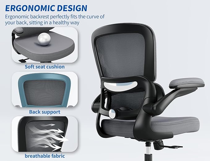 TRALT Ergonomic Office Chair - Desk Chair with Adjustable Lumbar Support Computer Chair - Mesh Comfy Chair with Flip-up Armrests - Gaming Chairs for Adults Home Office (PU Leather, Dark Grey)