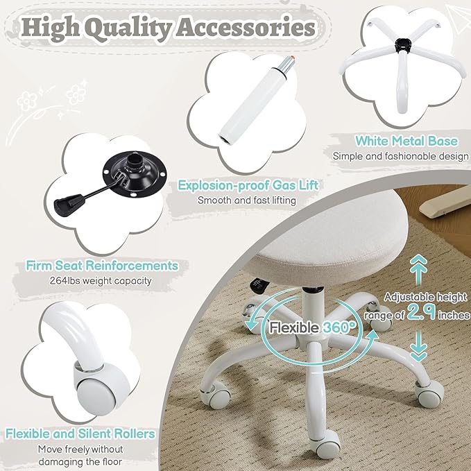 VINGLI Small Vanity Chair with Wheels for Girls.Cute Modern Adjustable Height Armless Office Desk Chair.360°Swivel Comfy Rolling Chair for Study, Make up Room,Small Space,Linen Light Gray