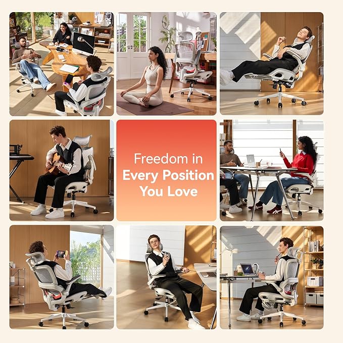 SIHOO B100 PRO Ergonomic Office Chair with Footrest, Mesh Office Chair with Adaptive Lumbar Support, Computer Chair with Wide Headrest, Desk Chair with 360° Rotatable Flip-Up Armrests, Light Grey