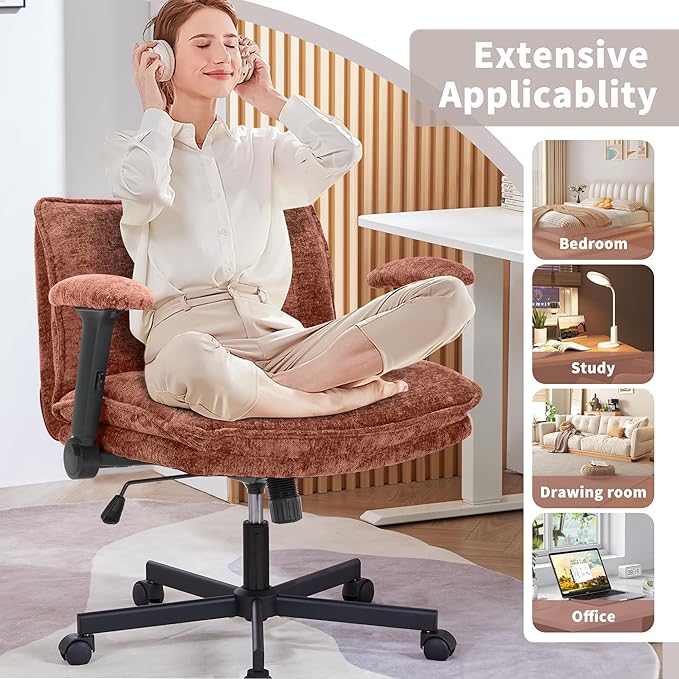 Cross Legged Office Chair, Height Adjustable Swivel Desk Chair with Flip-Up Arms, Padded Criss Cross Chair for Home Office & Bedroom
