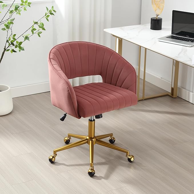 Home Office Swivel Desk Chair, Modern Velvet Vanity Chair, Height Adjustable Armchair with Gold Base, Ergonomic Office Chair for Task Study Computer Room, Rose