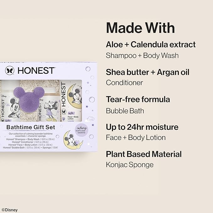 The Honest Company Calm Lavender Bathtime Gift Set, Disney Design, Hypoallergenic Bath for Sensitive Baby Skin, Shampoo Body Wash Face Lotion Bubble Conditioner Sponge