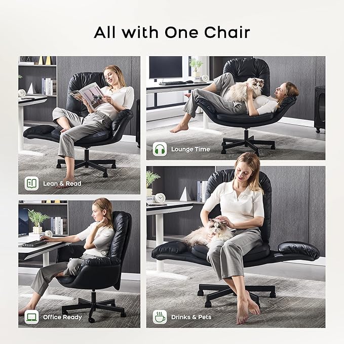 Criss Cross Chair with Armrests & Wheels for Cross-Legged Sitting, Comfortable Adjustable Swivel Office Desk Chair –PU Leather Vanity Chair for Home, Makeup and Bedroom (Black)