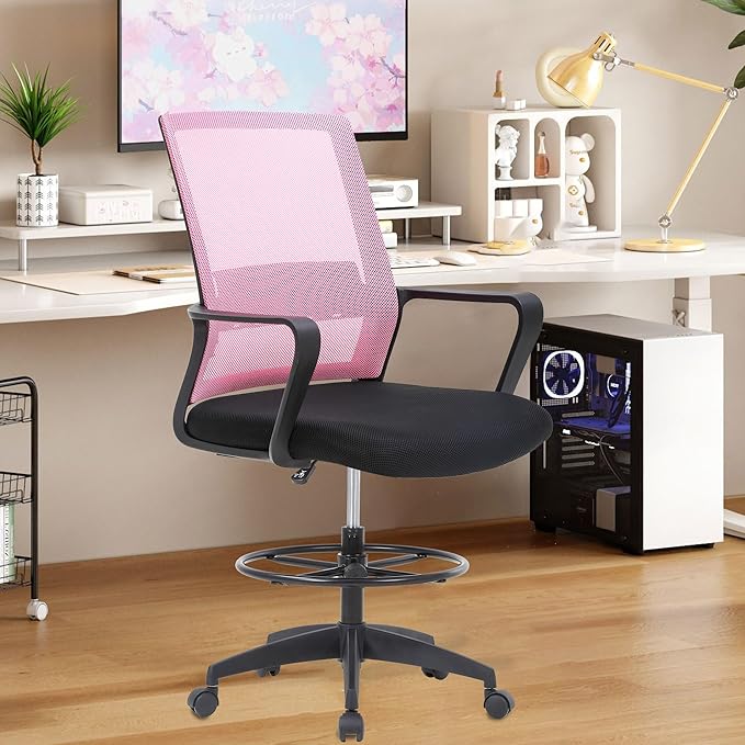 BestOffice Drafting Chair Tall Office Chair Adjustable Swivel Rolling Mesh Height with Lumbar Support Arms Footrest Mid Back for Adults Standing Desk Drafting Stool (Light Pink)