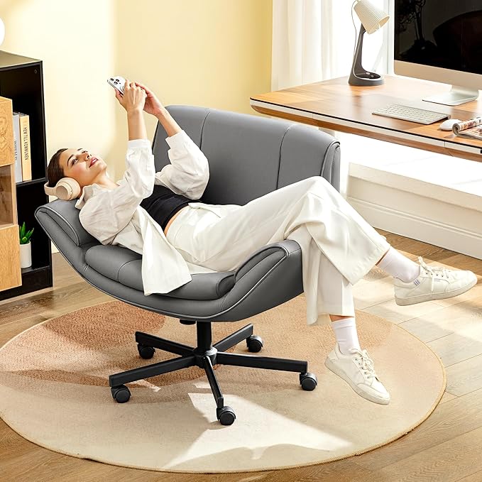 Criss Cross Chair with Wheels & Armrests,Comfy Wide Vanity Chair,Scratch-Resistant Pu Leather Cross Legged Desk Chair,Height Adjustable Computer Office Desk Chairs for Home,Makeup,Bedroom