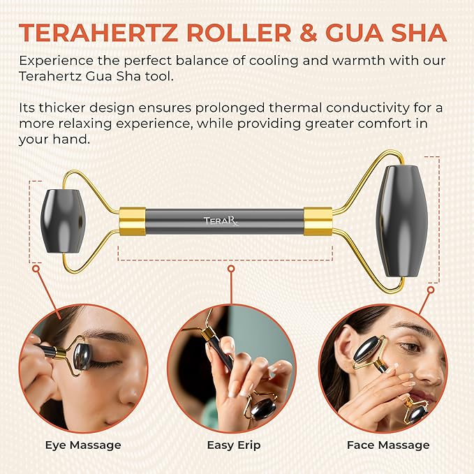 TeraRX® Terahertz Gua Sha & Facial Roller Set – 100% Authentic Terahertz Stone Face Roller to Reduce Puffiness, Improve Wrinkle Lines & Relieve Facial Tension – Perfect for Eye Massage and Relaxation