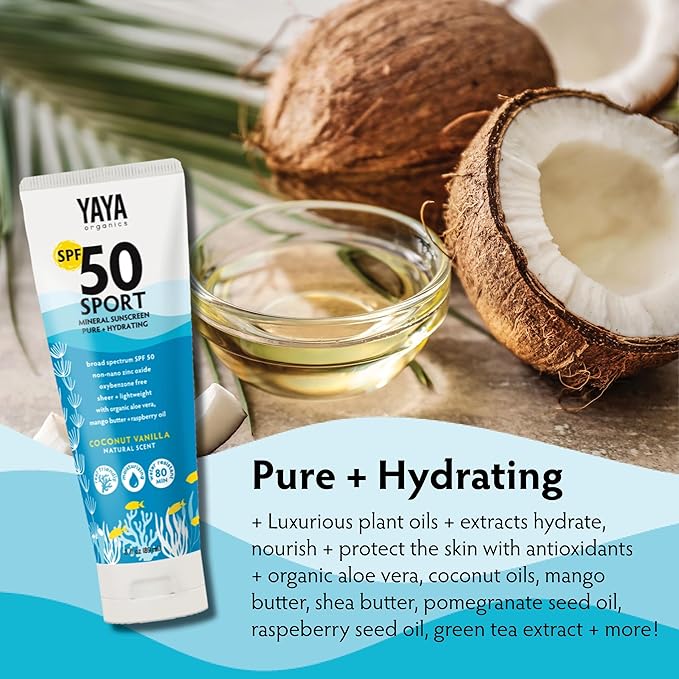 YAYA ORGANICS Sport Mineral Sunscreen Lotion, SPF 50, Reef-Friendly, Non-Nano Zinc Oxide, Water-Resistant, Pure + Hydrating, 3 oz, 2-pack