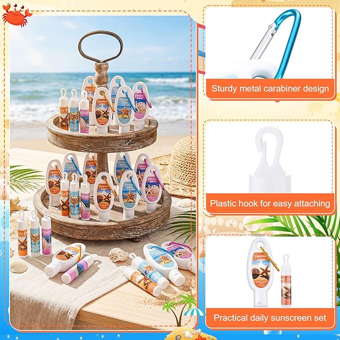 Demissle 24 Sets Mini Sunscreen and Sunscreen Lip Balms Bulk Spf 30 Travel Size with Carabiner Clip-on Lip Balms Packets for Summer Wedding Bridal Baby Shower Party Favors Gifts(Beach)