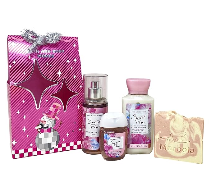 Bath & Body Works Sweet Pea You're Sweet Mini Gift Bag Trio - Fragrance Mist - Body Lotion and Hand Gel - with a Himalayan Salts Springs Sample Soap - Travel Size