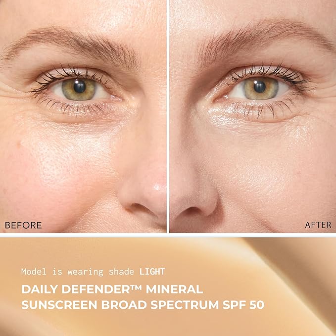 Daily Defender Broad Spectrum SPF 50 Mineral Sunscreen with Hyaluronic Acid, Vitamin C & Niacinamide (as Vitamin B3), Lightweight UVA & UVB Protection, Skin Care, Light