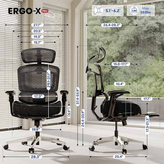 FLEXISPOT ErgoX-PRO Ergonomic Office Chair with Footrest Black – Cloudtech Cushion, 5D Lumbar, 7D Armrests, 4D Headrest, 551LBS Capacity – Office, Gaming, Home