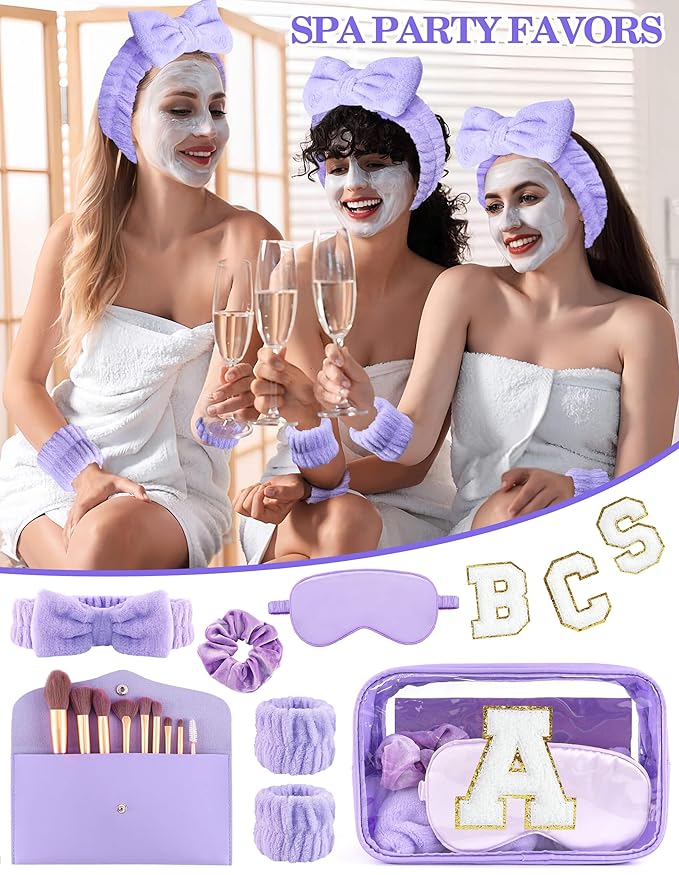 Gift Sets for Women, Initial Makeup Bag with Makeup Brush Set Bachelorette Party Favors, Purple Spa Kit with Skincare Headbands Wrist Bands Sleepover Party Supplies Gifts for Teen Girls Bridesmaid A