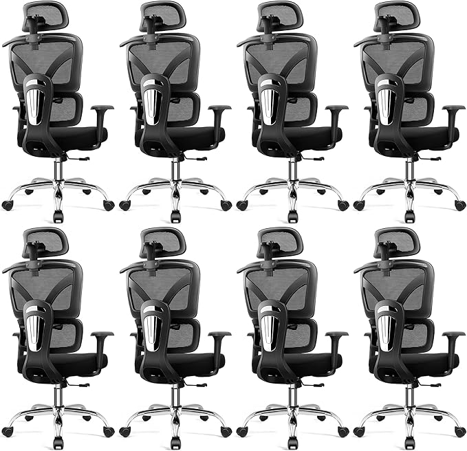 Ergonomic Office Chair, High Back Mesh Desk Chairs Comfy with Adjustable Lumbar Support, Home Computer Gaming Chair with 3D Headrest for Long Hours, 8 Pack