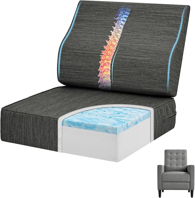 baibu Gel Memory Foam Recliner Cushions with Lumbar Support Pillow for Elderly, 20x20x5 Inch Thick Dual-Layer Design Non-Slip Seat Cushion for Recliner Chair for Reduce Hip & Lumbar Pain, Black