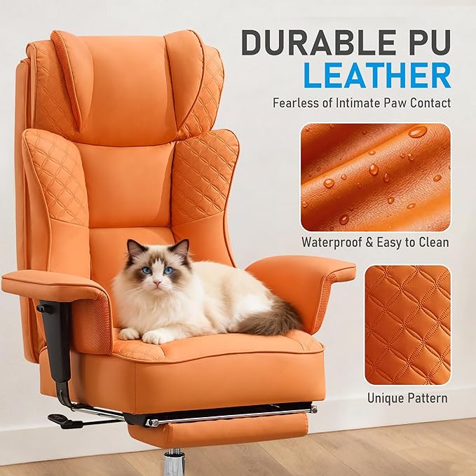 Big and Tall Office Chair, High-Back Leather Executive Reclining Chair with Footrest, Ergonomic Wide Computer Desk Chairs, Comfy Gaming Chair with Lumbar Support and Adjustable Padded Armrests(Orange)