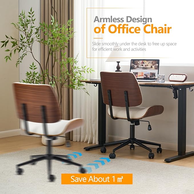 VINGLI Wide Curved Seat&Back Armless Home Office Chair,Ergoromic Adjustable-Height Desk Chair,Swivel&Tilting Function,Stylish Walnut Task Chair for Meeing Room,Dining Room,PU, White