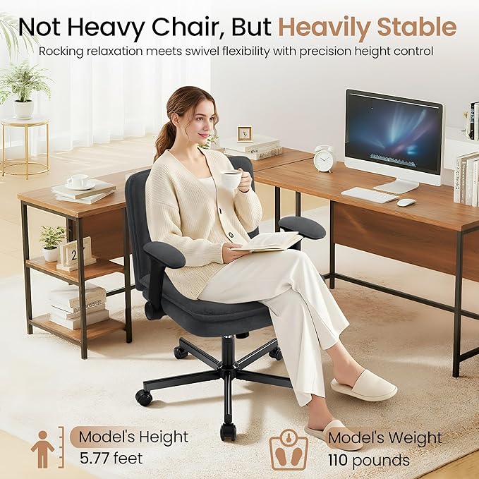 Criss Cross Office Chair with Wheels - Wide Seat Criss Cross Desk Chair with Flip-up Arms and Thick Cushion - Comfy Tilting Swivel Rolling Vanity Chair for Home Office Bedroom Apartment