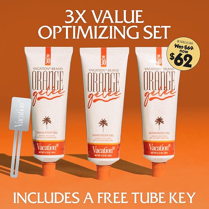 Vacation Orange Gelée SPF 30 Gel & Tube Key Bundle, Hydrating Balm-to-Oil Sunscreen, Mineral-Oil Free, Water-Resistant, Travel Size, 3.12 Oz. (Pack of 3)