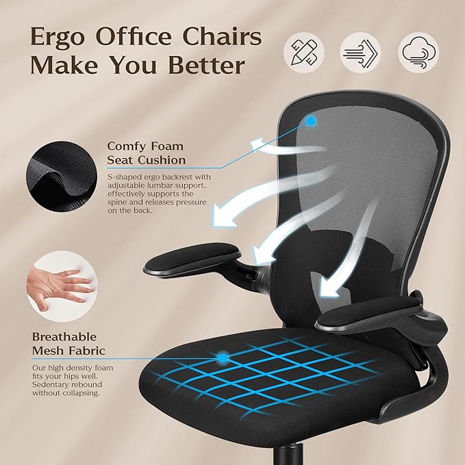 FelixKing Office Desk Chairs, Ergonomic PC Desk Chair with Wheels, Adjustable Lumbar Support and Height, Swivel Computer Chair with Flip-up Armrests, Ergo Mesh Backrest for Working (Black, Pack of 4)