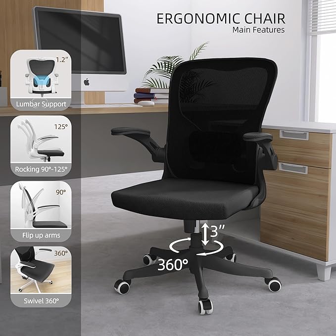 Ergonomic Office Chair Desk Chair - Mesh Computer Chair with 360° Swivel Wheels, Adjustable 90-130° Recline & Lumbar Support for Home Office, Supports up to 300lbs (07Black)