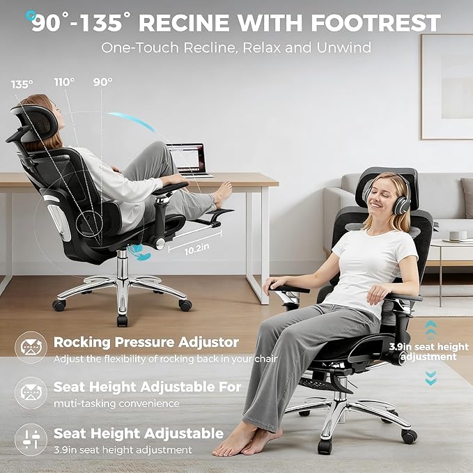 Ergonomic Mesh Office Chair with Footrest, Big and Tall Home Desk Chair with 5D Flip-Up Arms, Adjustable Lumbar Support, Gaming & Executive Computer Chairs, Black