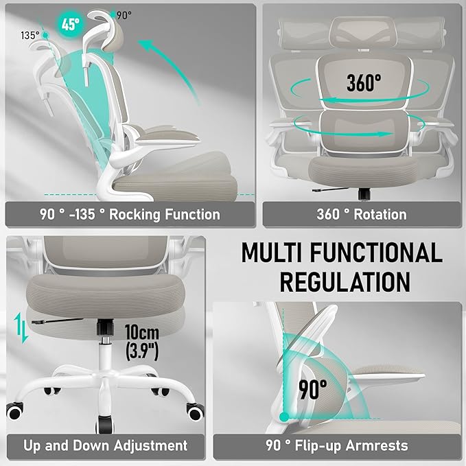 High Back Ergonomic Office Chair, Breathable Mesh Desk Chair with Lumbar Support, Adjustable Headrest, Flip-up Armrests, Computer Gaming Chair, (LightGray, 1Pack)