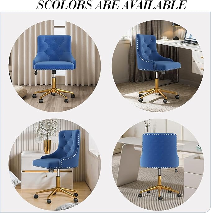 Velvet Armless Home Office Desk Chair, Swivel Height-Adjustable Small Cute Vanity Chair for Women/Girls, Comfy Makeup Chair with Rivet and Gold Base for Living Room, Bedroom(Blue)