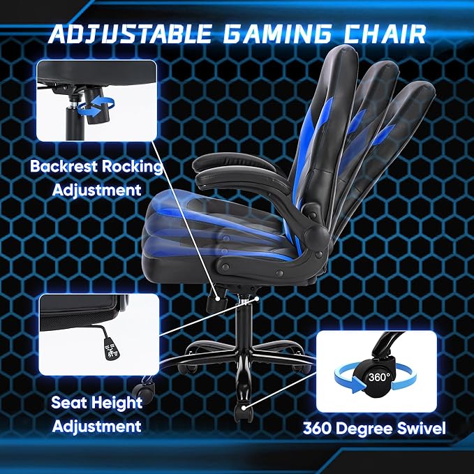 NEWBULIG Computer Gaming Desk Chair - Big Tall Ergonomic Lumbar Support with Flip-up Armrest and 360° Swivel Wheels, PU Leather Height Adjustable, for Home and Office, Blue