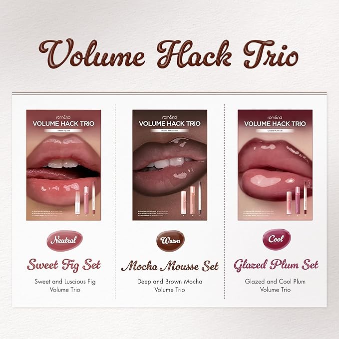 rom&nd Volume Hack Trio Mocha Mousse Lip Set | K-Beauty Plumping Gloss, Hydrating Balm & Smooth Liner | Achieve Defined, High-Shine Lips for Viral Looks.