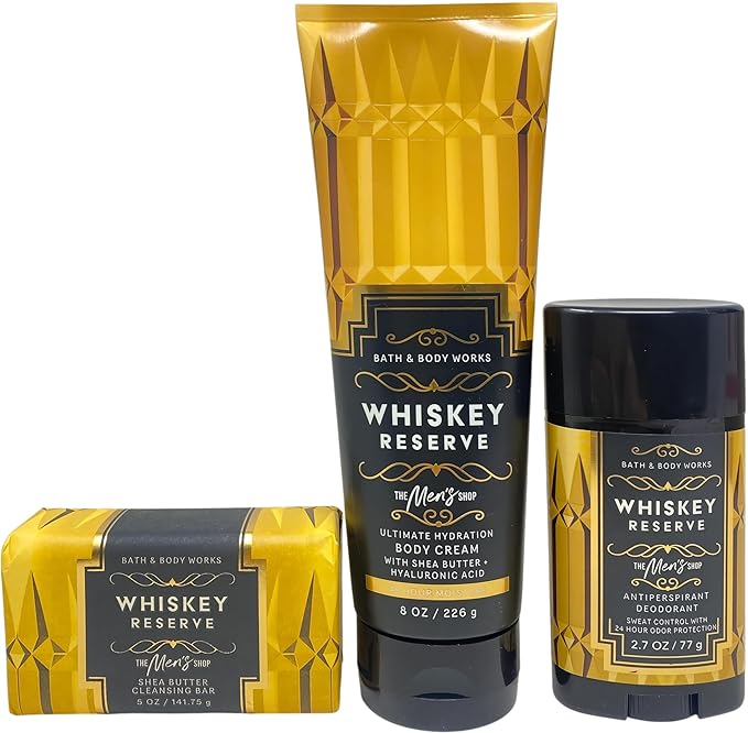 Bath & Body Works Men's Collection Whiskey Reserve Shea Butter Cleansing Bar Soap, Antiperspirant Deodorant and Ultimate Hydration Body Cream with Natural Oats Sample Soap