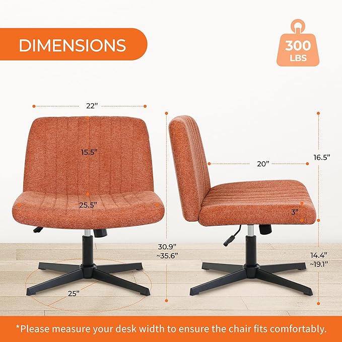 NEO Chair Criss Cross Chair No Wheels Armless Cross Legged Office Desk Wide Comfy Vanity Makeup Chair Adjustable Computer Task for Home Office Fabric (Brown)