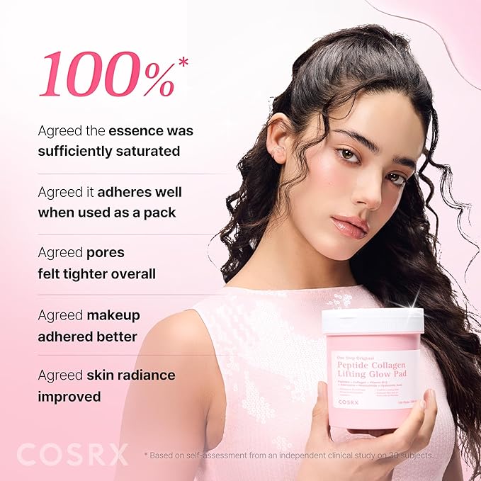 COSRX OneStep Original Peptide Collagen Lifting Glow Pad, 100 Pads, Improving Elasticity, Plumping Toner Pads for Makeup Prep with Peptide, Collagen, Niacinamide & Anti-Aging Care, Korean Skin Care