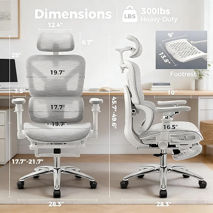 Ergonomic Mesh Office Chair with Footrest, Big and Tall Home Desk Chair with 5D Flip-Up Arms, Adjustable Lumbar Support, Gaming & Executive Computer Chairs, Grey