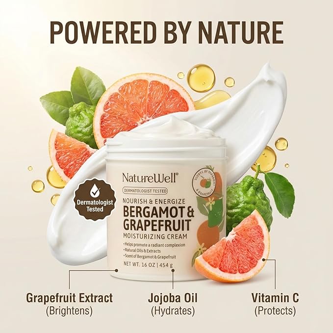 NATURE WELL Bergamot & Grapefruit Nourish & Energize Moisturizing Body Cream for Dry Skin, Infused with Natural Oils & Extracts, Non-Greasy, Lightweight, Helps Promote a Radiant Complexion, 16 Oz