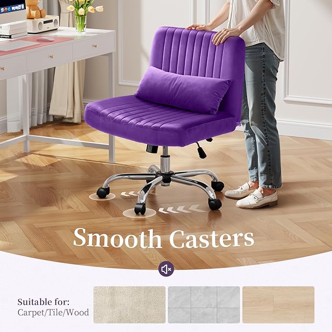Warmiehomy Velvet Criss Cross Chair with Wheels, Cross Legged Office Chair, Comfy Desk Chair for Home Office, Ergonomic Computer Chair, Wide Seat Vanity Chair, Birthday Gift for Women, Purple