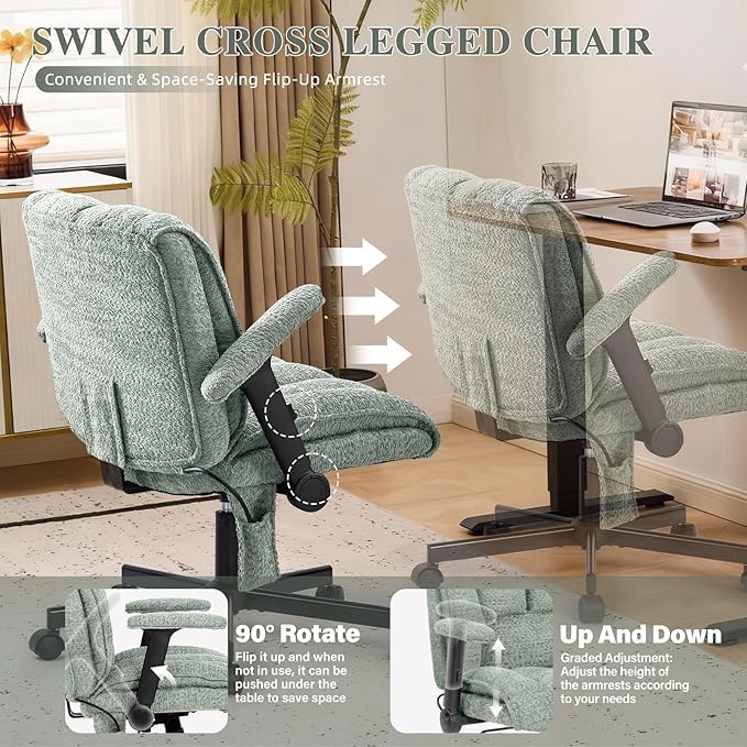 Criss Cross Legged Office Chair with Flip-Up Arms and Wheels, Wide Seat Desk Chair with Built-In Dynamic Airbag Lumbar Support, Modern Cross-Leg Chair for Home Office, Apartment, Vanity, Light Green
