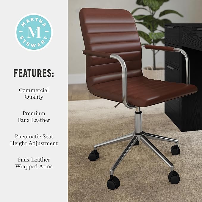 Martha Stewart Taytum Swivel Task Chair with Armrests for Home Office in Saddle Brown Faux Leather with Polished Nickel Frame