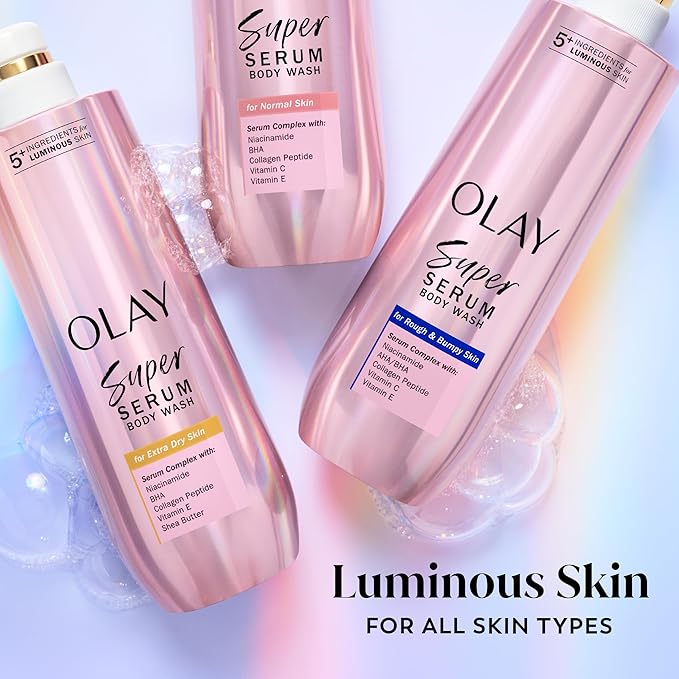 Olay Super Serum Body Wash for Extra Dry Skin, 24hr Long Lasting Hydration, 5+ Ingredient Complex for Bright Even Firm Luminous Skin, with Vitamin E, and Shea Butter 18.5 Fl Oz