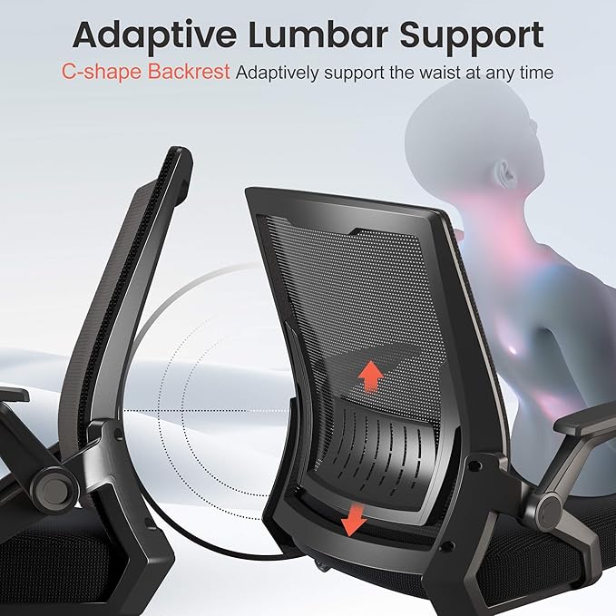GTPLAYER Ergonomic Office Chair with Flip-up Armrests Executive Computer Chair for Home Office, Breathable Mesh & Comfy Lumbar Support, Black