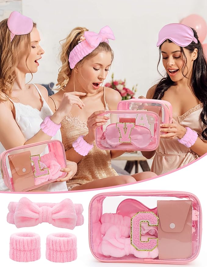 Gift Sets for Women, Initial Makeup Bag with Makeup Brush Set Bachelorette Party Favors, Pink Spa Kit with Skincare Headbands Wrist Bands Sleepover Party Supplies Gifts for Teen Girls Bridesmaid C