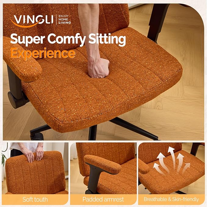 VINGLI Criss Cross Chair with Adjustable Flip-Up Arms,Cross Legged Chair with Wheels,Extra Wide Office Chair,Desk Chair for Home Office,Vanity,Bedroom, Apartment,Starry Chenille,Burnt Orange