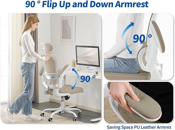 TRALT Ergonomic Office Chair - Desk Chair with Adjustable Headrest Lumbar Support Computer Chair - Mesh Comfy Chair with Flip-up Armrests - Gaming Chairs for Adults Home Office (PU Leather,Khaki)