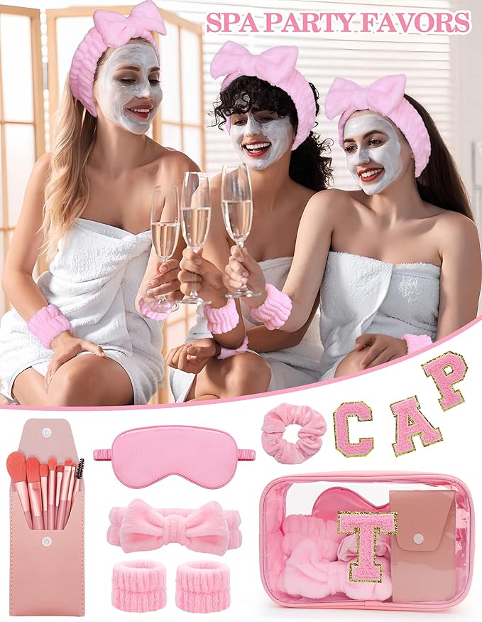 Gift Sets for Women, Initial Makeup Bag with Makeup Brush Set Bachelorette Party Favors, Pink Spa Kit with Skincare Headbands Wrist Bands Sleepover Party Supplies Gifts for Teen Girls Bridesmaid T