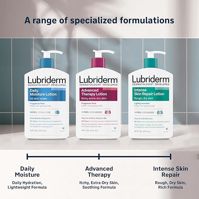 Lubriderm Intense Skin Repair Moisturizing Hand & Body Lotion + Pro-Ceramide, 48-Hour Hydration for Rough, Dry, & Sensitive Skin, Non-Greasy, Hypoallergenic, Lightly Scented, 16 fl. oz