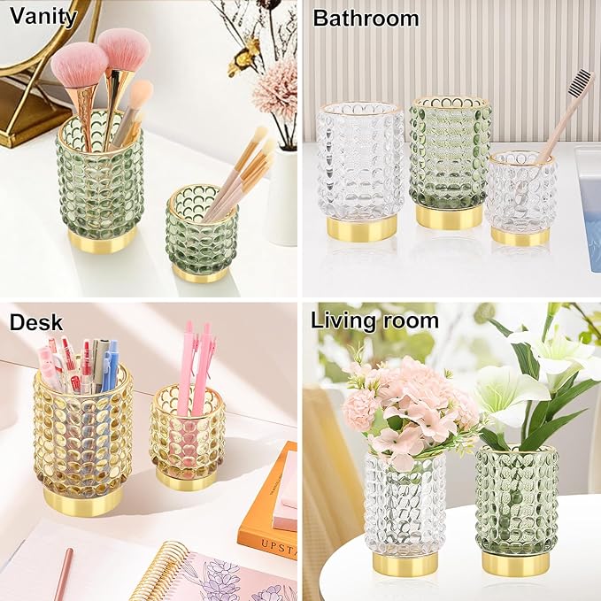 DASITON Makeup Brush Holder Organizer, Crystal Cosmetic Make Up Brush Holder, Glass Makeup Brushes Storage Organizer, Vintage Make Up Cup Desk Pen Pencil Holder, Toothbrush Holders (Clear S+L)