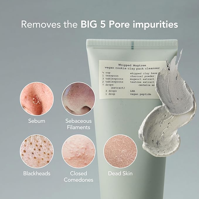 Whipped Korean Face Wash, Doubles as a Face Mask, Clay Charcoal, for Blackheads and Pores, A Deep Cleansing and Exfoliating, Peptide, Vegan Collagen