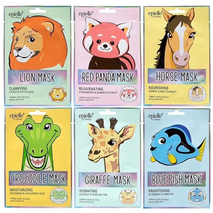Epielle Character Face Mask Wild Kingdom 6 Pack, Fun & Effective Korean Skin Care, Spa Party Favors, Easter Basket Stuffers, Birthday Gifts for Women, Self Care Gifts