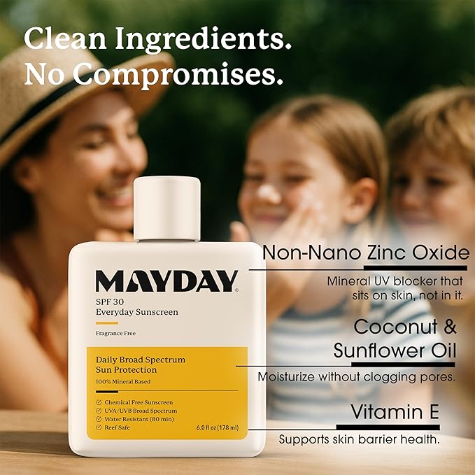 MAYDAY SPF 30 Everyday Sunscreen – Chemical-Free, Fragrance-Free, Water-Resistant Broad Spectrum Protection for Face & Body – Suitable for All Skin Types – 6 oz (178ml)