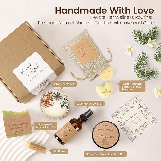 Bath Gift Set, Spa Gifts for Women, Self Care Products for Women, Jasmine & Lemon Soap Bar, Calm Pillow Mist, Bath Bomb & Shower Steamer, Body Butter and Lip Balm
