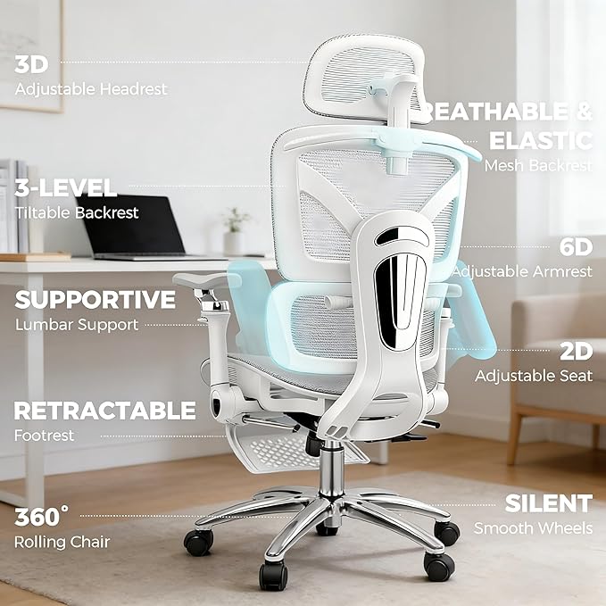 Ergonomic Mesh Office Chair with Footrest, Big and Tall Home Desk Chair with 5D Flip-Up Arms, Adjustable Lumbar Support, Gaming & Executive Computer Chairs, Grey
